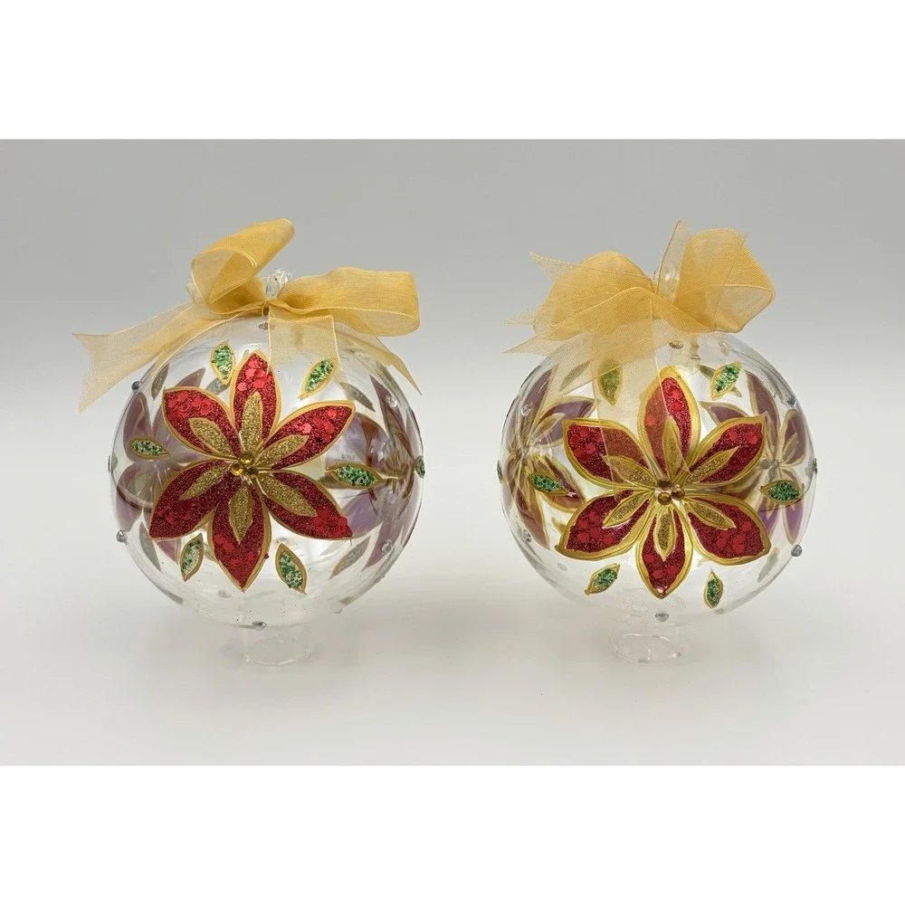 VTG Dillards Trimmings Blown Glass Christmas Ornaments Set 2 Red Poinsettia Gold